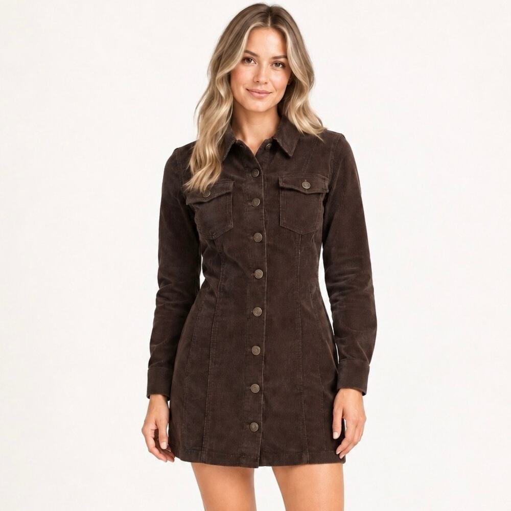 House of Harlow 1960 Brown Corduroy Button Front Mini Shirt Dress Small